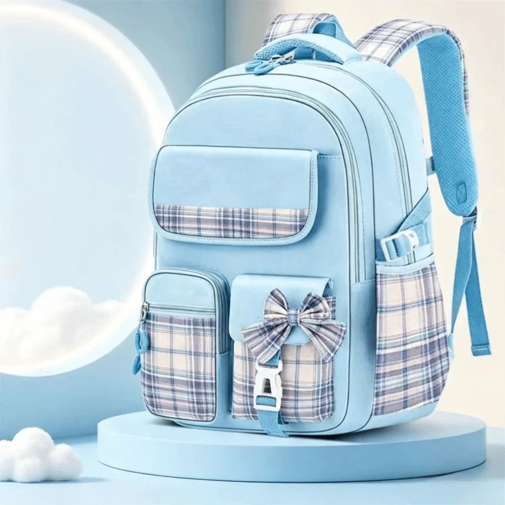sac à dos scolaire mignon de grande capacité, à carreaux, avec nœud, ergonomique pour étudiants