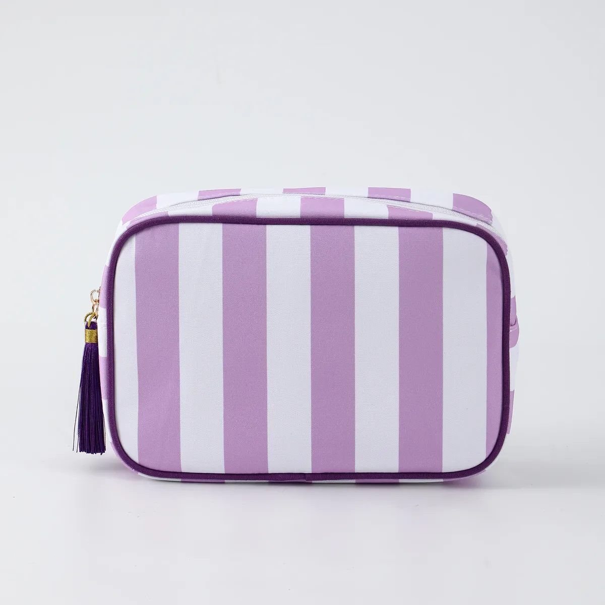 grand sac à cosmétiques portable rayé pour femmes, sac de maquillage à pompon avec fermeture éclair, pochette de rangement de grande capacité