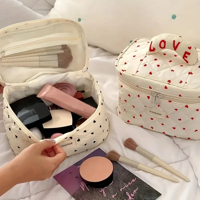 sac à main de maquillage en coton matelassé pour femmes, trousse de toilette portable, forme de boîte, fermeture éclair, évaluation cosmétique, femme, fille, mignon