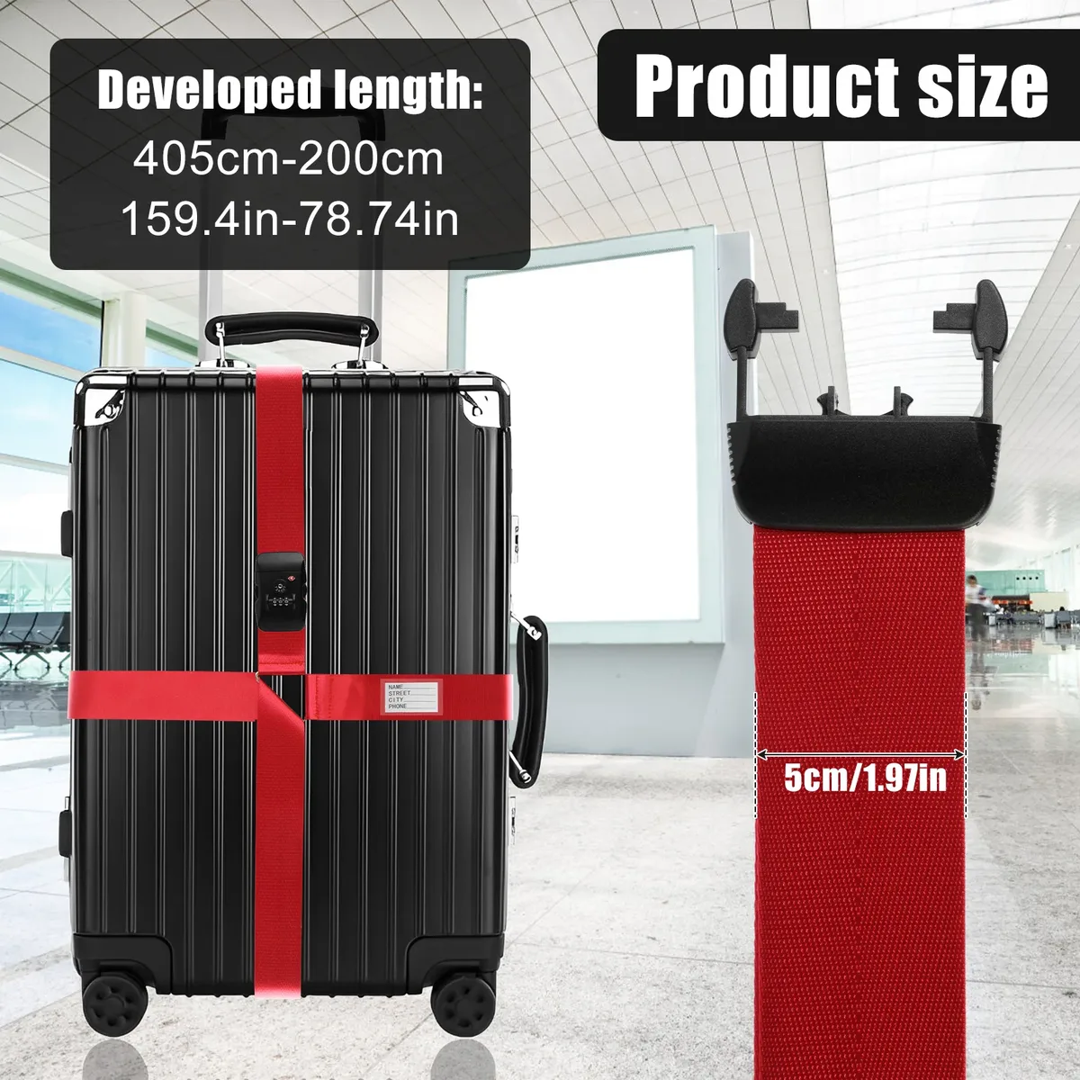 sangle de bagage croisée avec serrure tsa, sangle de valise à longueur réglable avec étiquette d'identification transparente, ceinture de voyage durable pour bagages