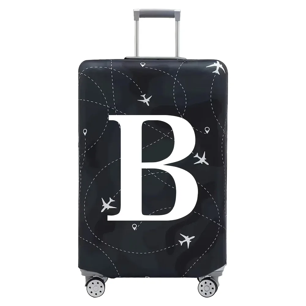 cette housse de valise extensible s'adapte aux valises de 18 à 32 pouces et présente un motif de lettres a-z blanches imprimé sur la surface.