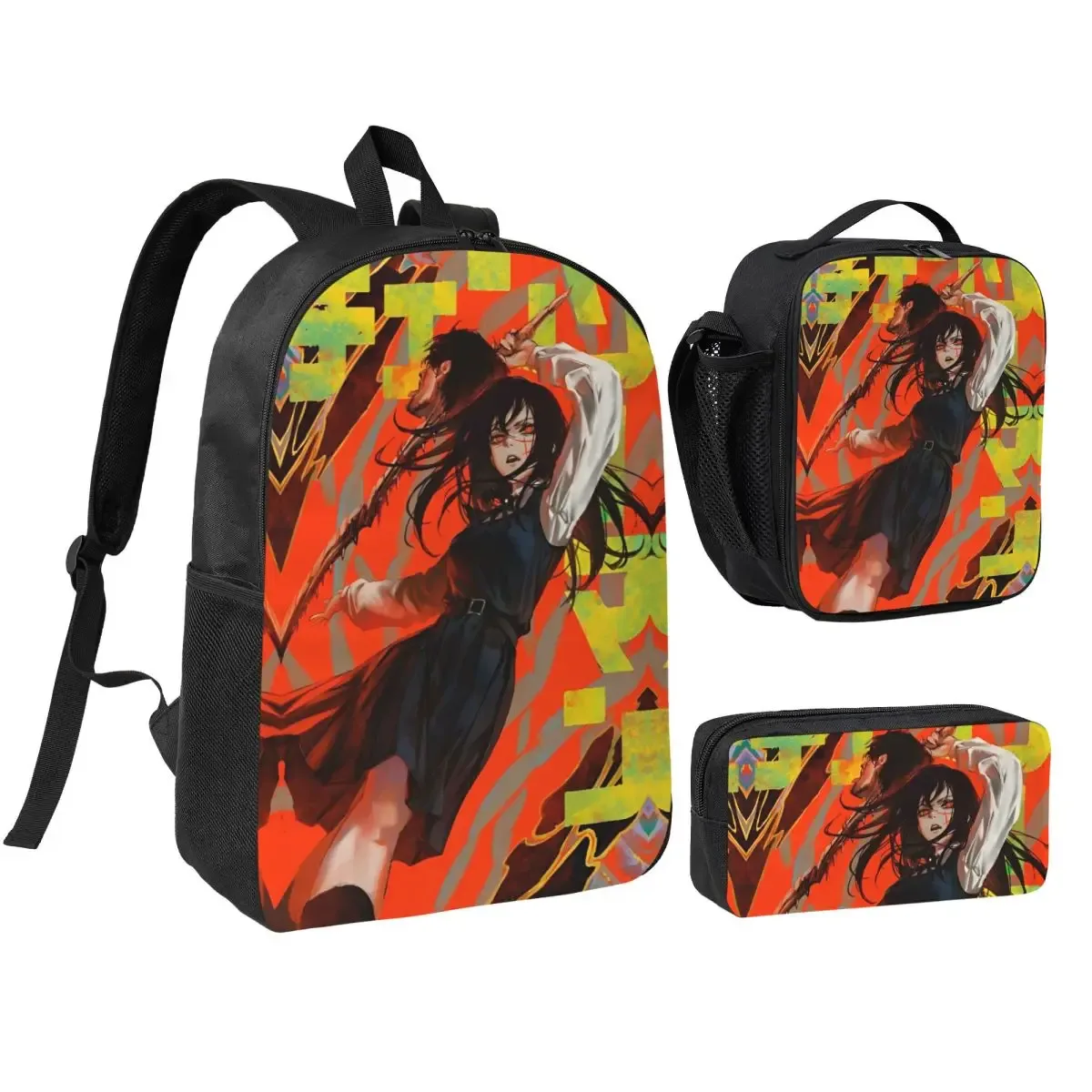 anime tronçonneuse homme 3pecs/ensemble sac à dos pour étudiant ordinateur portable sac à bandoulière sac à déjeuner trousse à crayons
