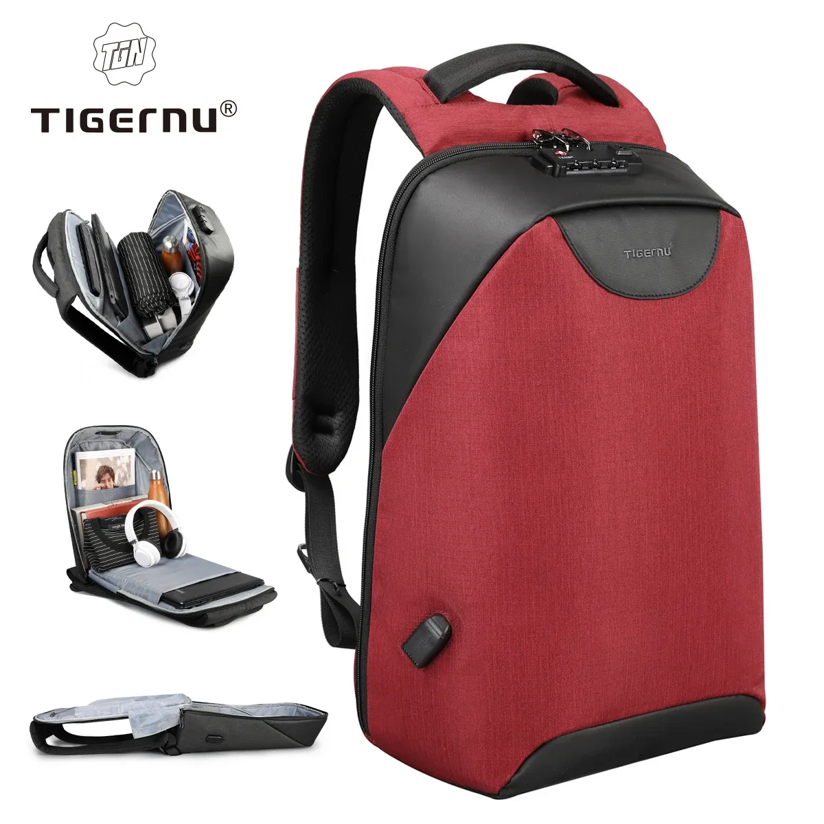 tigernu – sac à dos antivol sans clé avec serrure tsa, sac à dos tendance pour femmes, 15.6 pouces, chargeur usb, sac à dos pour ordinateur portable, sac à dos d'école et d'université