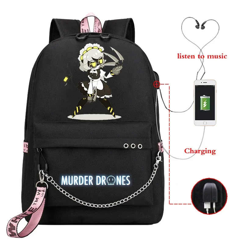 Dessin animé meurtre Drones sac à dos femmes hommes décontracté Usb sac de charge voyage sac à dos garçon fille Anime meurtre Drones sacs d'école Mochila