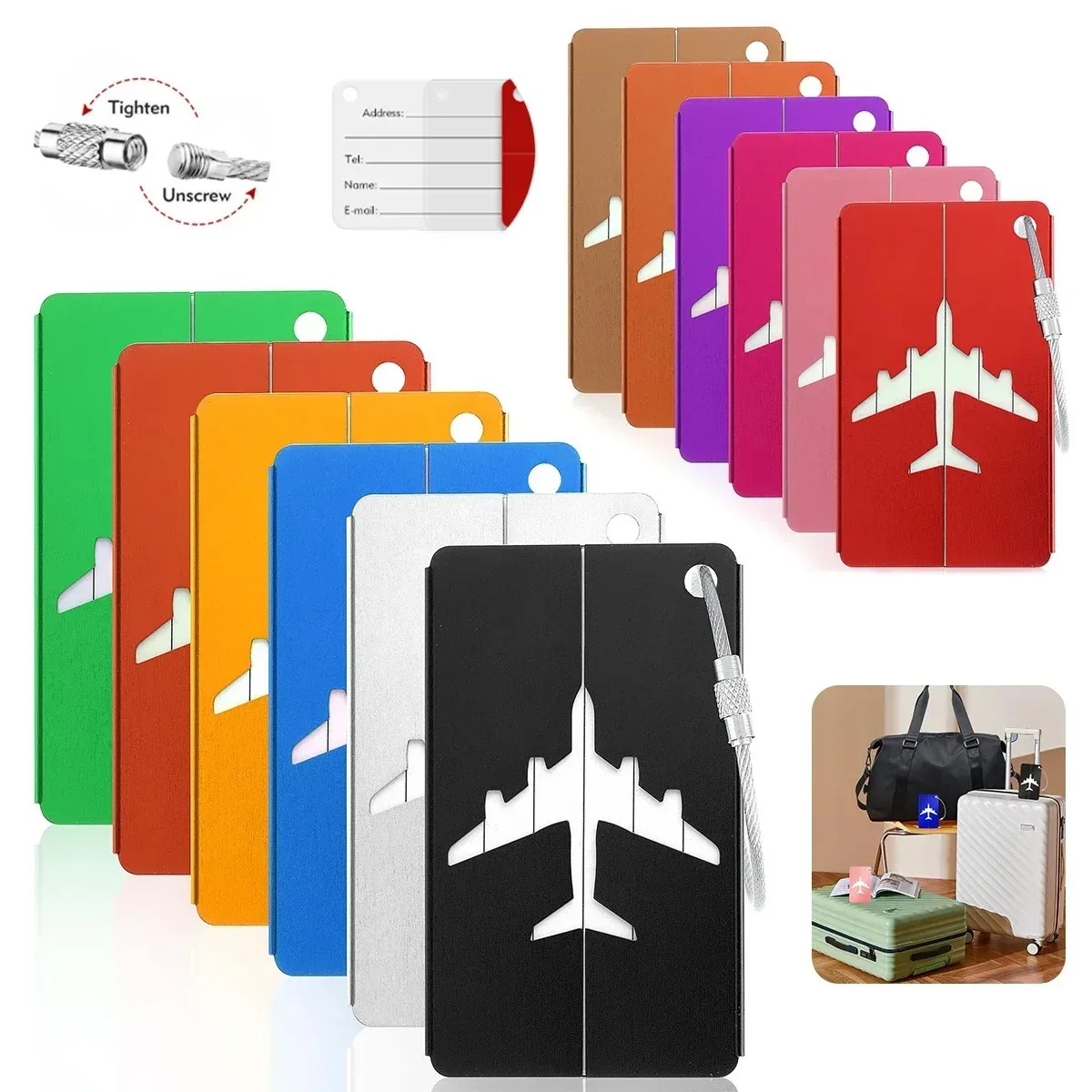étiquette de bagage d'avion en alliage d'aluminium avec nom, étiquette de bagage de voyage, carte d'identité, 