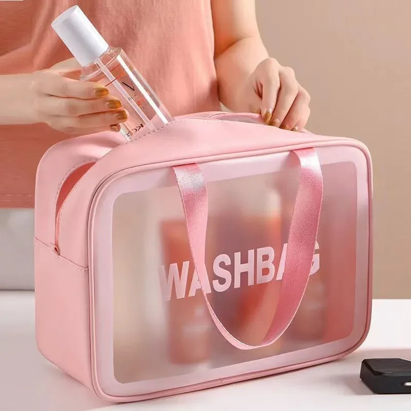 Sac de maquillage/trousse de toilette transparente en Pu, 3 pièces/1 ensemble, sac de maquillage de voyage Portable de grande capacité en PVC anti-poussière