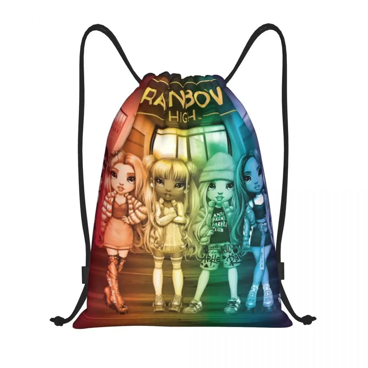 sac à dos personnalisé arc-en-ciel avec cordon de serrage pour pause d'hiver, sac de sport pour femmes et hommes, sac d'entraînement de dessin animé tv
