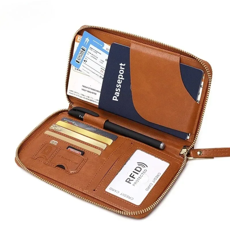 Portefeuille de voyage multifonctionnel avec porte-passeport, dragonne, étui zippé pour cartes de crédit et organiseur de billets