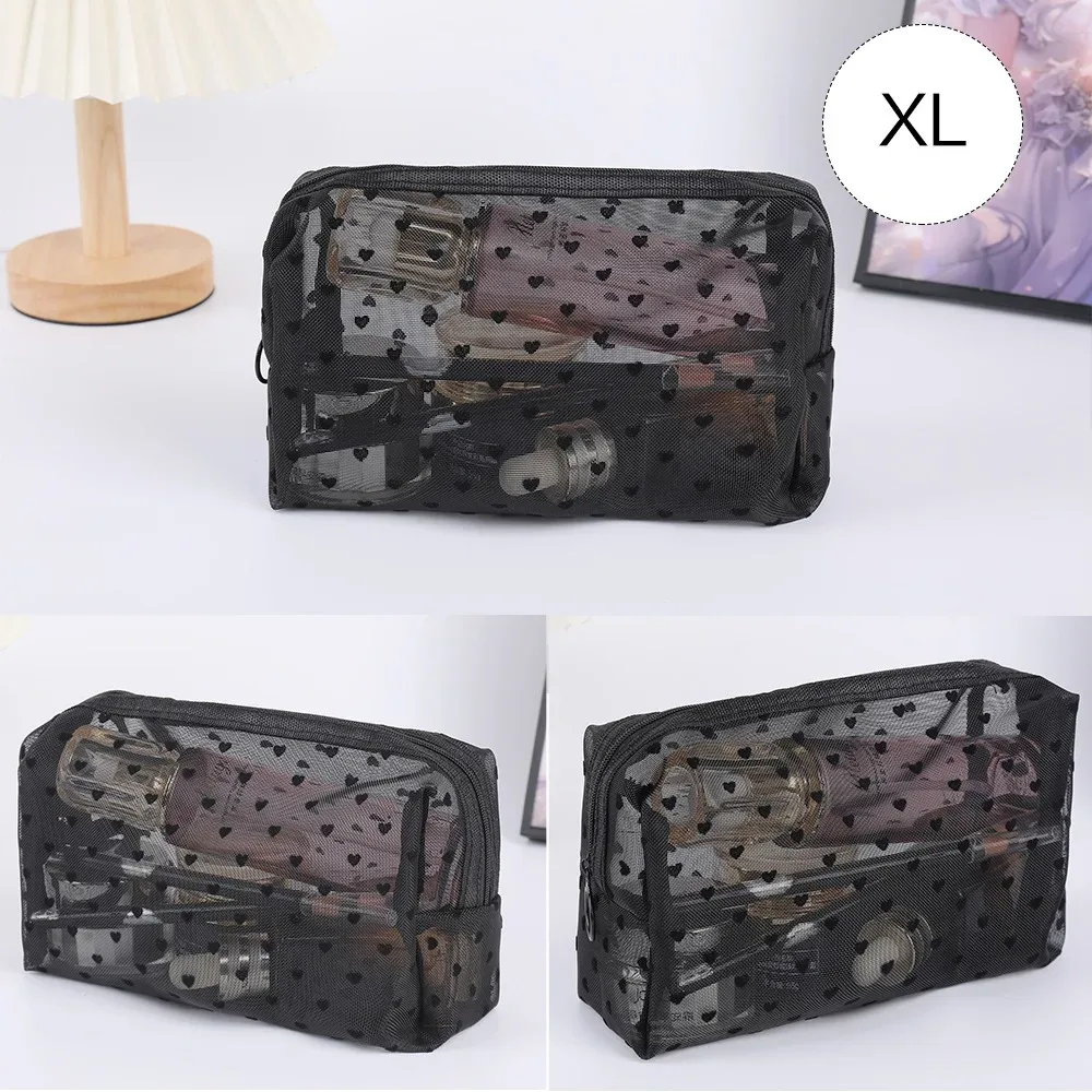 trousse de maquillage en velours de cœur noir en dentelle, sac de rangement transparent pour étudiant, trousse de toilette portable de voyage, trousse de maquillage universelle