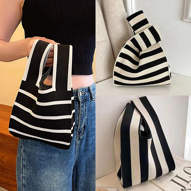 sac à main en tricot fait à la main pour femme, mini sac de poignet à nœud, sac fourre-tout à carreaux à large rayure, sacs à provisions réutilisables pour étudiants, document décontracté japonais