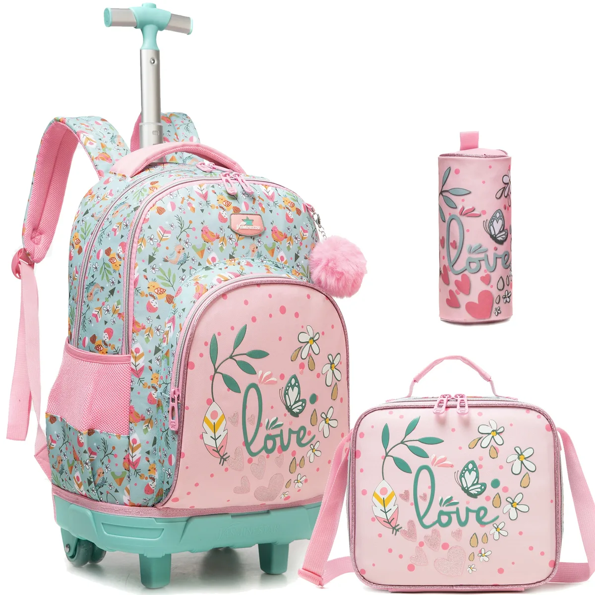 ensemble de 3 sacs à dos roulants élégants pour filles, parfaits pour les filles, avec bagages à roulettes, sac à déjeuner, trousse à crayons pour les voyages scolaires