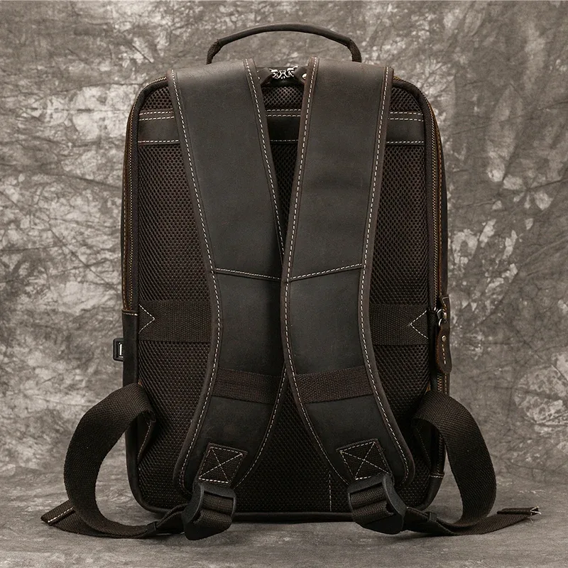 sac à dos en cuir crazy horse pour hommes, sac à dos de jour en cuir de vache pour ordinateur portable 15.6 pouces, sac à dos de voyage de grande capacité avec câble usb