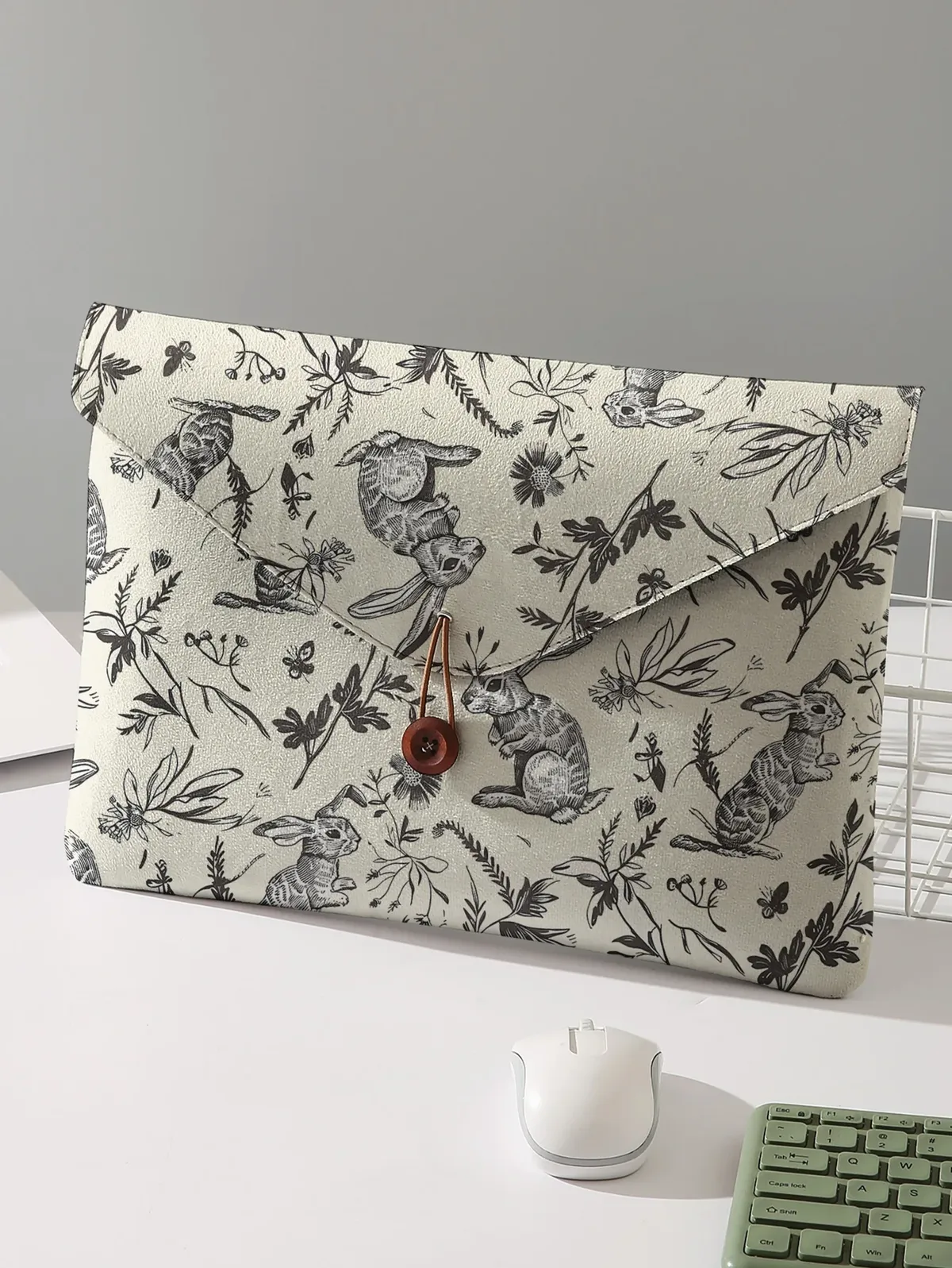 housse pour ordinateur portable à imprimé floral sketch rabbit, fermeture à bouton, sac de protection antichoc pour ordinateur portable, pour voyage et bureau