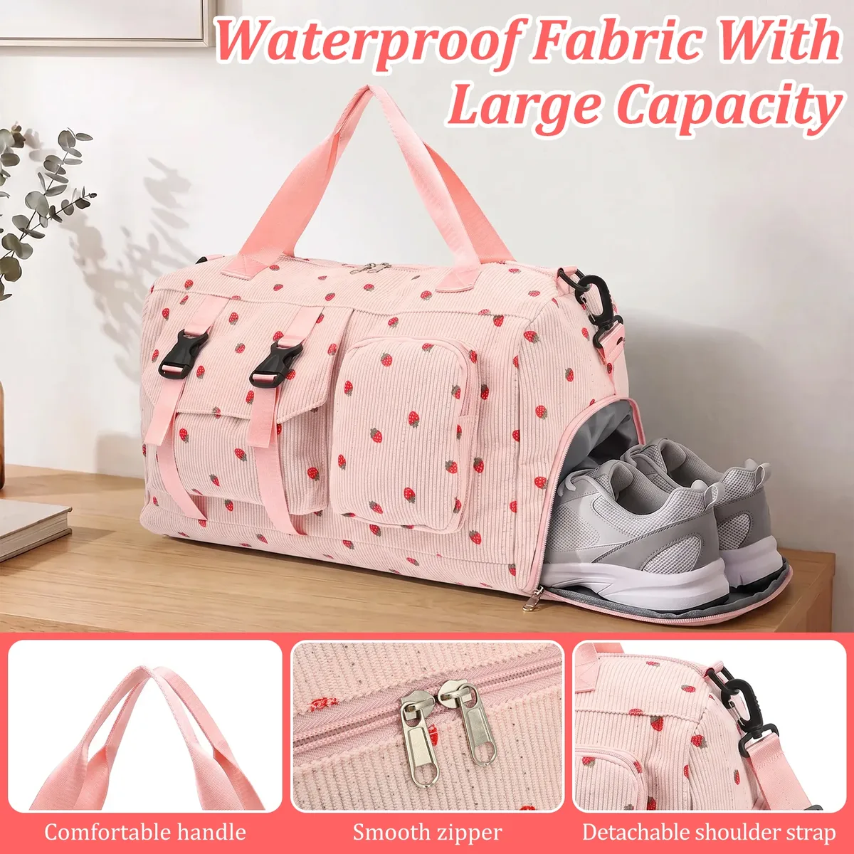 sac de sport en velours côtelé, grande capacité, sac de voyage avec compartiment à chaussures et poche étanche, sac de voyage imperméable.