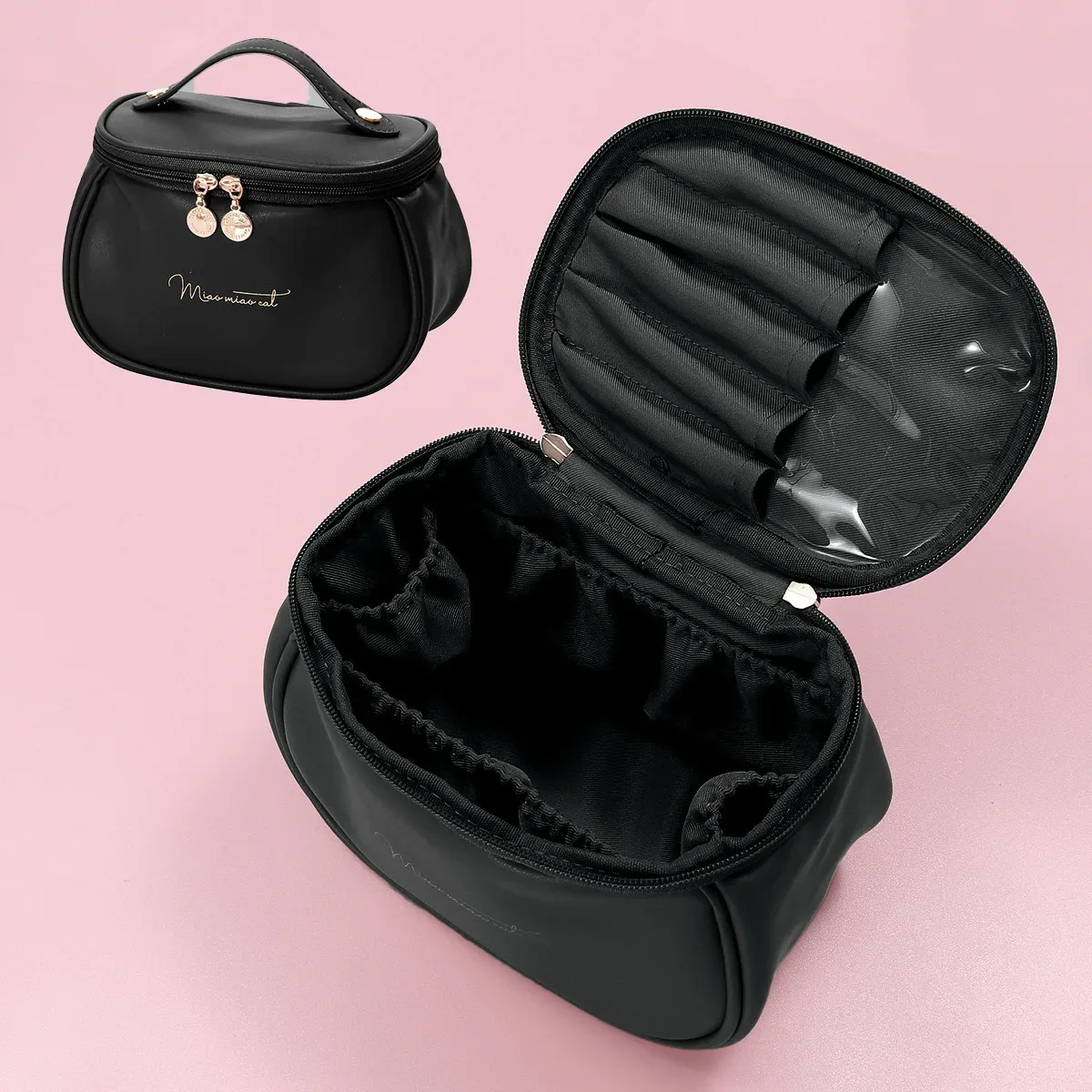 sac de maquillage portable en pu, grande pochette cosmétique imperméable, avec poignées, sac de rangement multifonctionnel pour articles de toilette de voyage