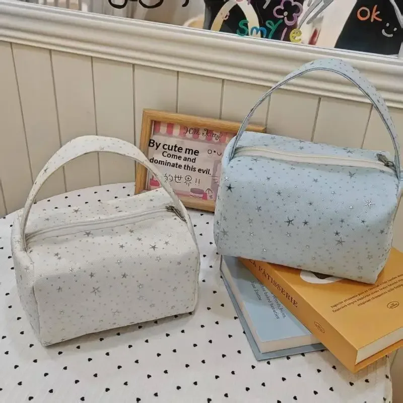 sac de rangement pour cosmétiques en nylon à motif étoilé, grande capacité, poignée portable, trousse de toilette imperméable pour les voyages.