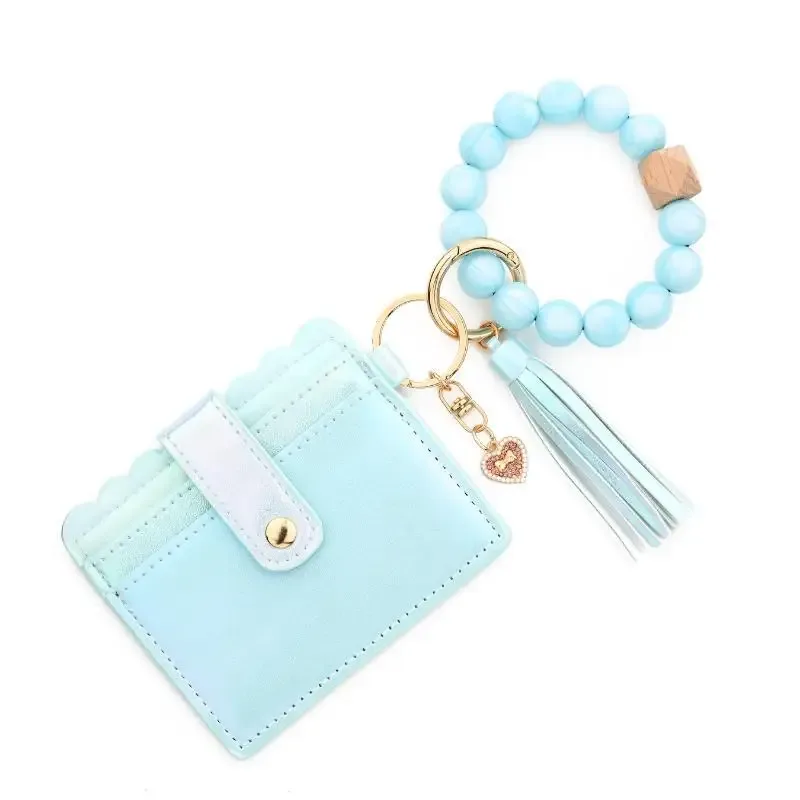 porte-cartes adorable pour filles, portefeuille dégradé de couleurs, breloque cœur, bracelet perles en silicone, étui en cuir pour cartes d'identité - organisateur tendance