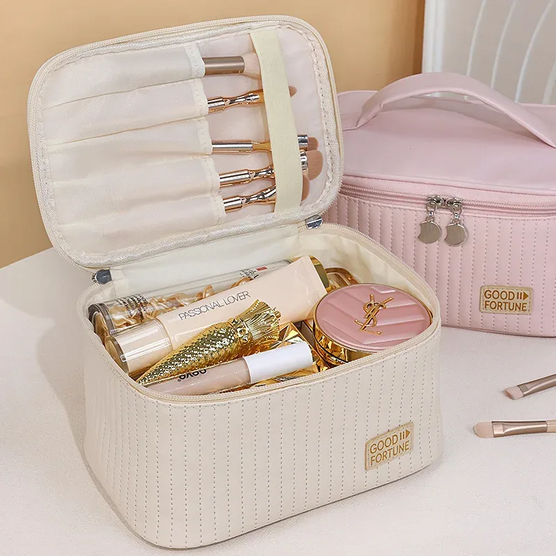 trousse de maquillage pratique, trousse de toilette portative de couleur unie en pu, sac de rangement de cosmétiques, rangement de voyage de grande capacité wj032