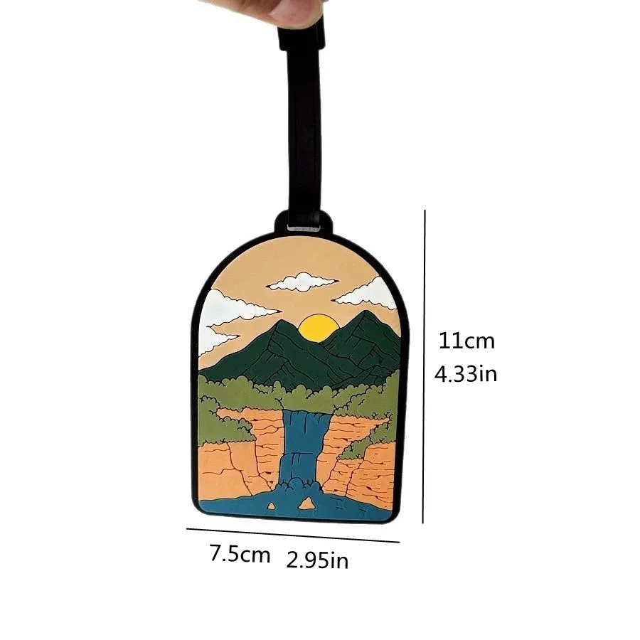 étiquette de bagage pour valises, étiquettes d'identification de bagages avec paysage de montagne et de coucher de soleil pour le voyage, protection de la vie privée pour sacs de voyage