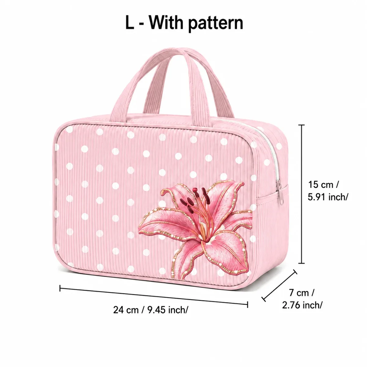 trousse de maquillage rose à pois avec broderie de lys, organiseur de maquillage portable à fermeture éclair pour femmes, voyage, articles de toilette et beauté