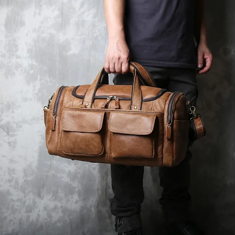 sac à bandoulière rétro en cuir véritable pour hommes, première couche de peau de vache, sac à main de voyage portable minimaliste de grande capacité pour l'extérieur