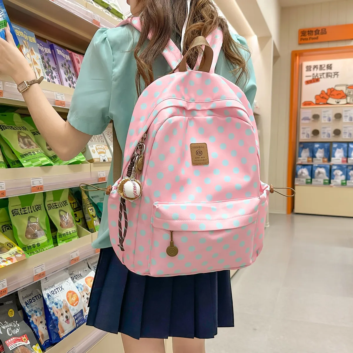 sac à dos décontracté vert menthe à pois pour femme avec poignée supérieure marron et poche zippée, grande capacité, idéal pour l'école et les voyages