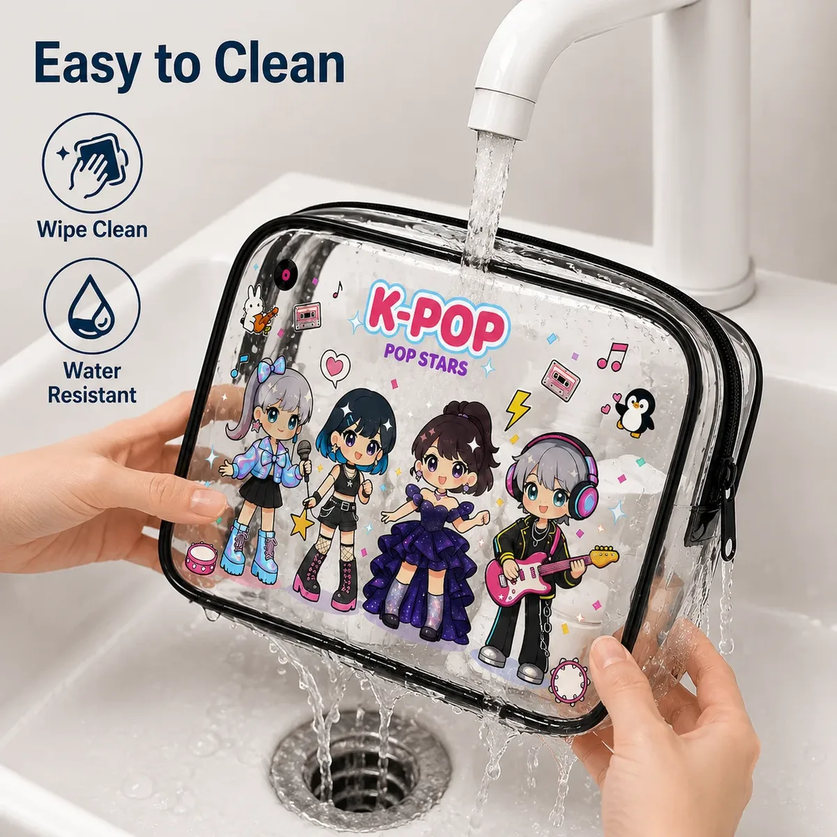 sac à cosmétiques transparent, sac de rangement transparent mignon de style kpop, pour articles de toilette de voyage, organisateur de maquillage, pochette étanche à fermeture éclair