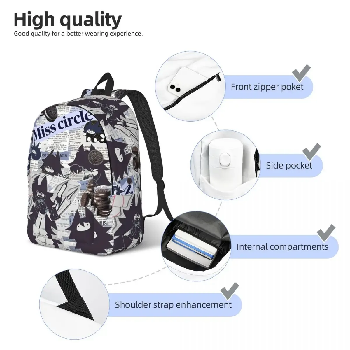 miss circle-sac à dos de dessin animé pour hommes et femmes, sac à dos cool, sac à dos de travail de lycée en plein air, éducation papier fondamental, sac à dos imprimés initiated
