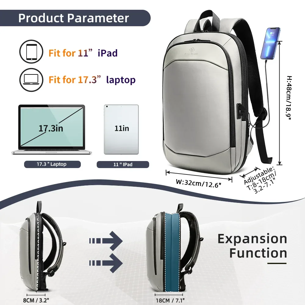 heroic knight sac à dos de voyage pour hommes étanche 17.3 "bagage à main sac à dos pour ordinateur portable mince extensible ykk trajet d'affaires mochila