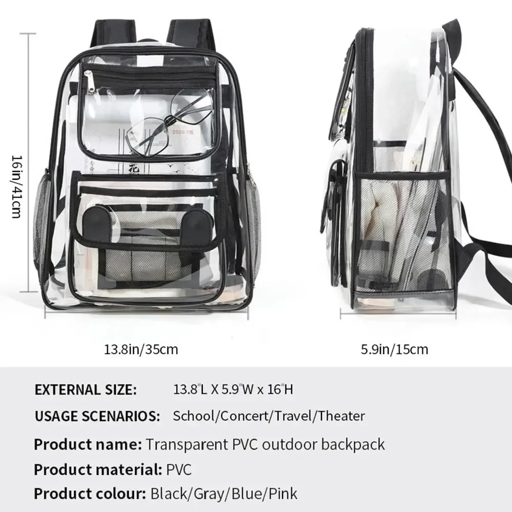 sac à dos transparent décontracté de grande capacité avec fermeture éclair, portable, en pvc, imperméable, visible, pour le sport en plein air et les voyages.