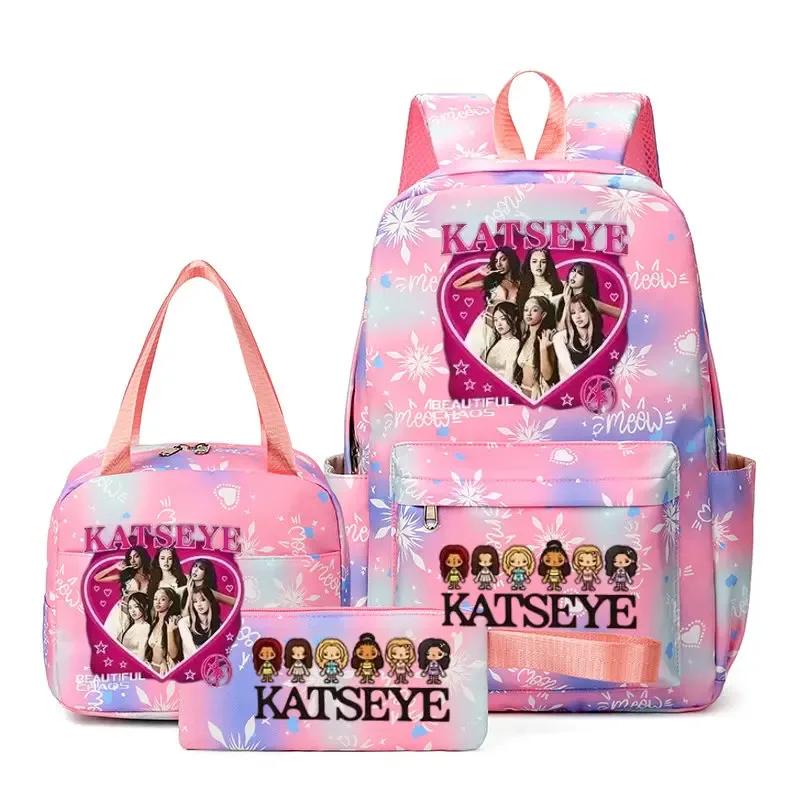 sacs à dos katseye à imprimé amusant, ensemble de 3 pièces, sacs d'école en nylon pour ordinateur portable pour femmes, pour adolescentes, garçons, étudiants, enfants, kawaii