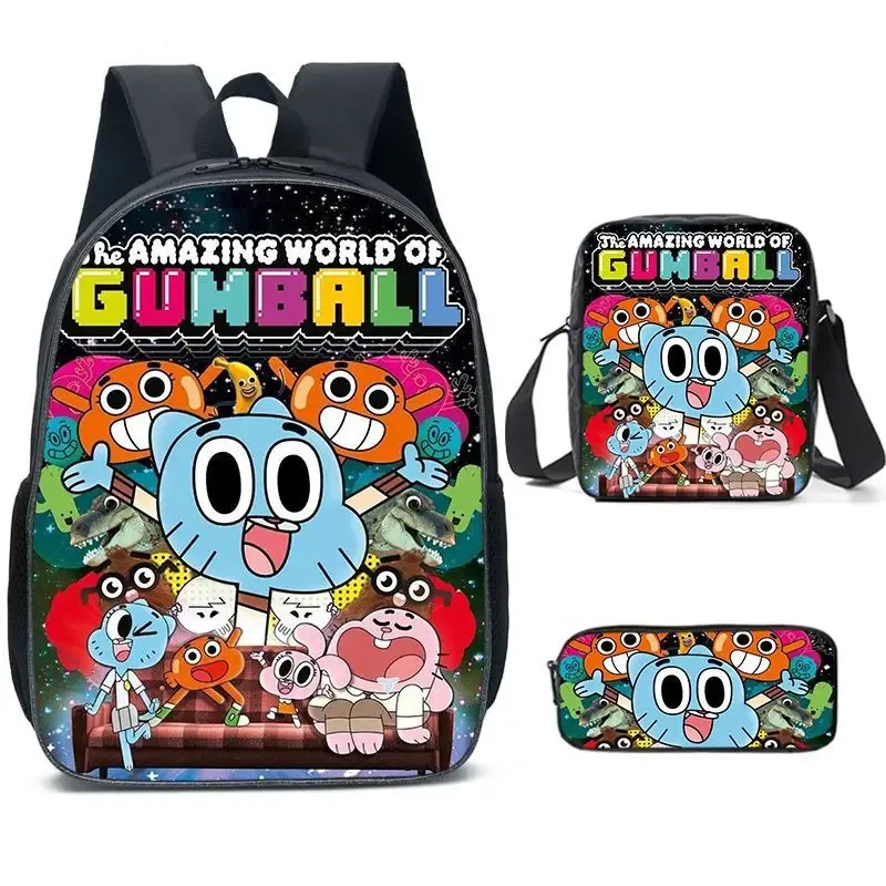 l'incroyable monde de gumball anime 3 pièces/ensemble sac à dos étudiant école sac à bandoulière enfant mignon voyage sac à dos enfants cadeau d'anniversaire
