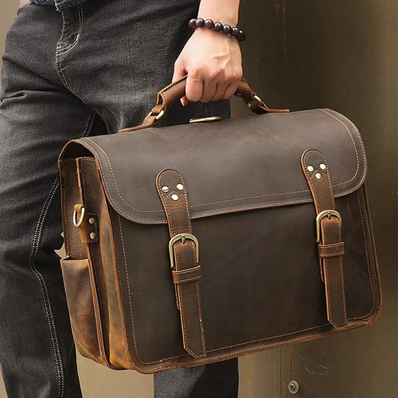 Sac à main vintage en cuir véritable Crazy Horse pour homme, grand sac d'affaires, sac de bureau, sacoche pour ordinateur portable 15,6 pouces, sacoche d'épaule pour homme.