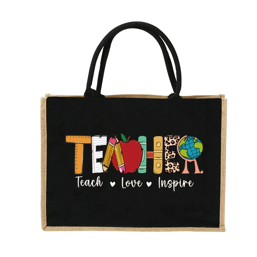 sacs de courses en toile de jute, sacs d'imitation de jute vintage, sac en lin, sac laminé de plage, série enseignant, pochette de rangement d'épicerie réutilisable