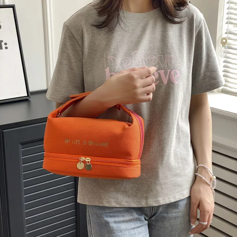 ins-sac à cosmétiques étanche double couche pour femme, fourre-tout de grande capacité, sac de voyage en toile portable, trousse de rangement pour maquillage, mode
