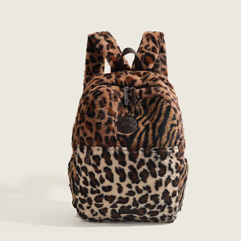 sac à dos imprimé léopard mode avion cabine sac à dos grande capacité sac d'école polyvalent en peluche sacs souples mochilas mujer 2025