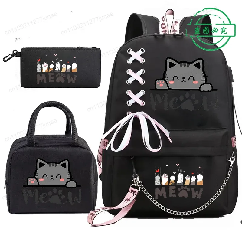 sac à dos scolaire pour étudiants et adolescents, sac à dos mignon kawaii avec motif de chat anime, sac à dos pour livres avec sacs à lunch portables, 3 pièces