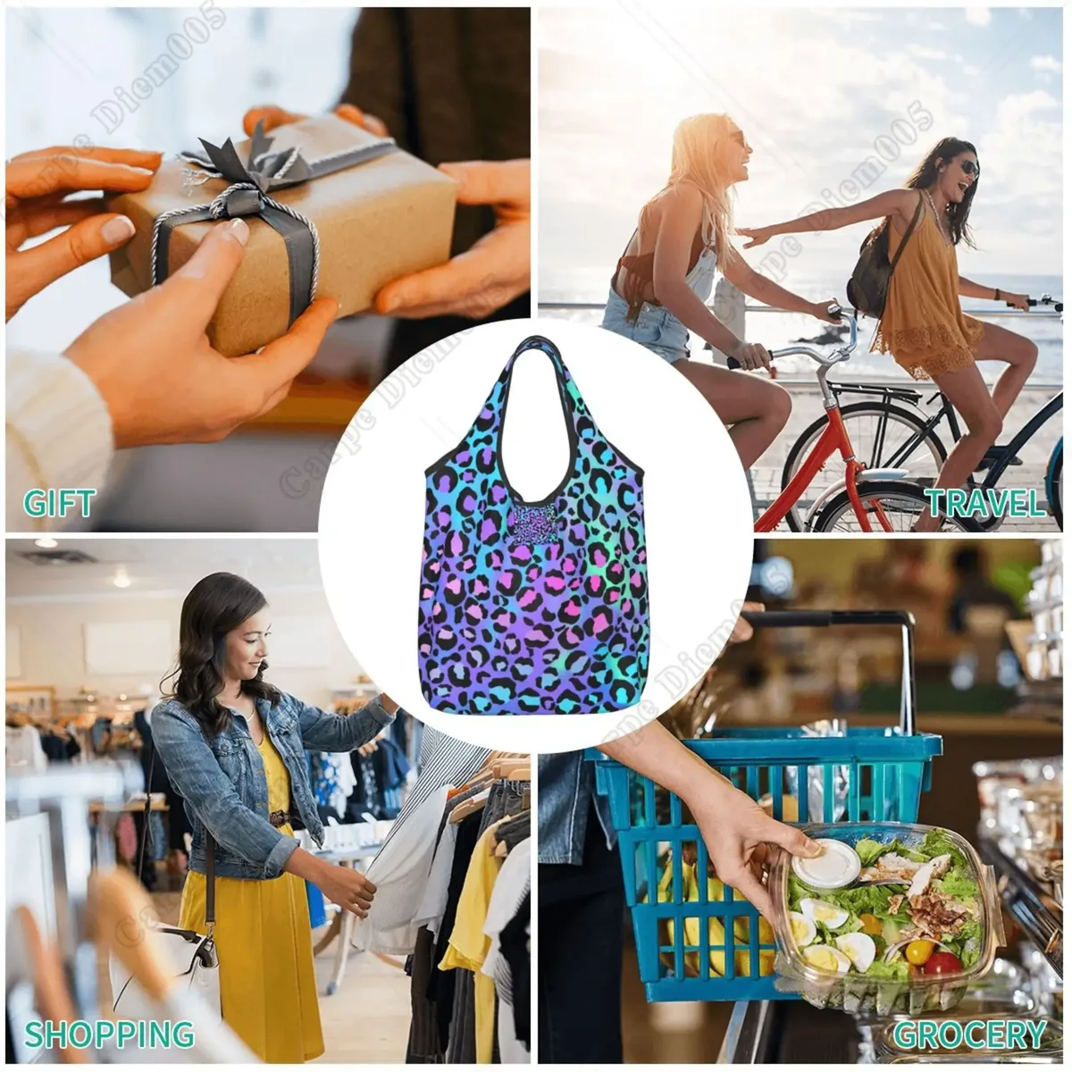 sac de courses pliable imprimé léopard coloré pour hommes et femmes, sac fourre-tout portable, sacs d'épicerie recyclables, extérieur, taille unique
