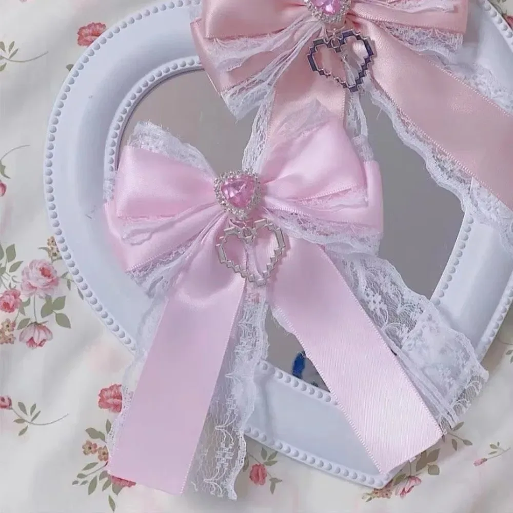 1/2pcs kit de nœuds en ruban à faire soi-même, double couche, avec pendentif en forme de cœur, clip diamant, breloque de sac à dos lolita, cœur scintillant