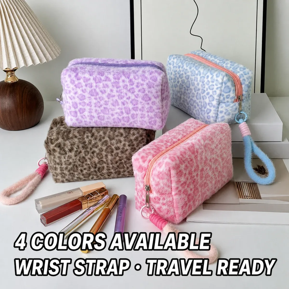 sac à cosmétiques imprimé léopard, sac de rangement compact et portable pour voyage, trousse à cosmétiques unisexe, trousse de toilette tendance en polyester pelucheux