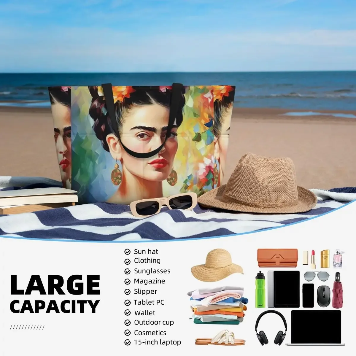 sac fourre-tout frida kahlo pour la plage, le sport, la gym, le yoga, grand sac de voyage pour femme, sac de fitness