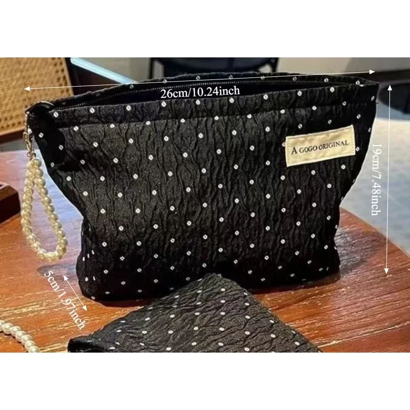 trousse de maquillage à pois avec fermeture éclair en perles, pochette cosmétique douce avec doublure, sac de rangement de toilette de voyage portable