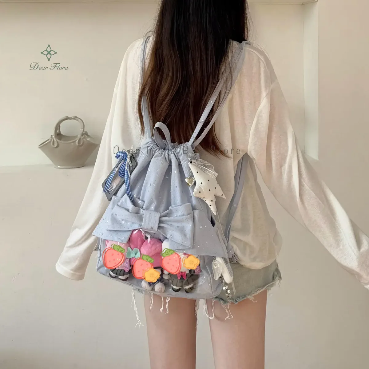 nouveau sac à dos ita y2k avec nœud de ballet et cordon de serrage, sac à dos transparent pour fille mignon, grande capacité, sac à bandoulière à pois étoilés pour présentation de poupées diy