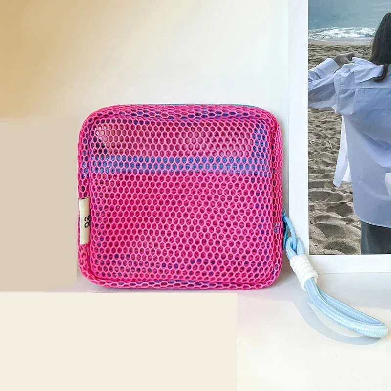 mini pochette en maille dopamine, étui carré coloré pour écouteurs, trousse à cosmétiques portable pour rouge à lèvres, organiseur de rangement respirant pour articles de toilette