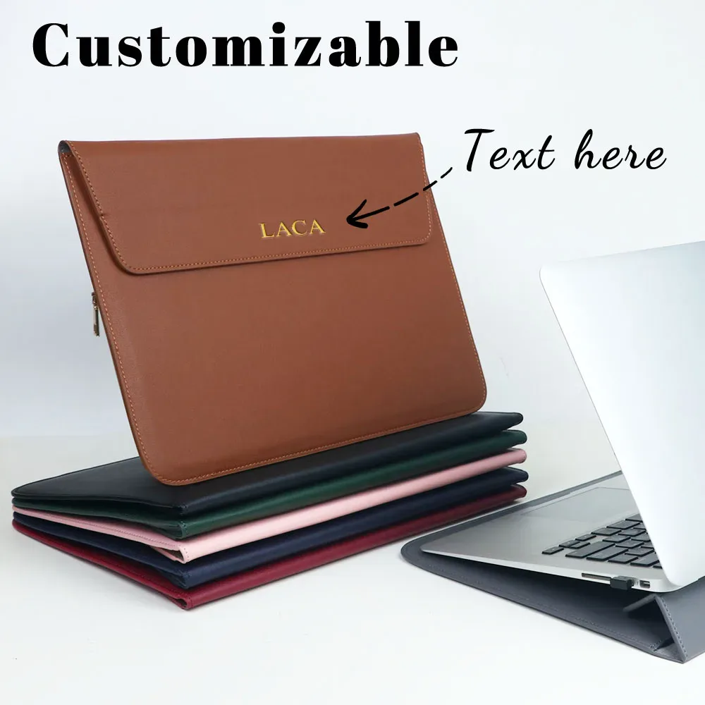 Sacoche pour ordinateur portable en cuir PU personnalisable avec nom, pour hommes et femmes, 13/15 pouces, support pour ordinateur en anglais