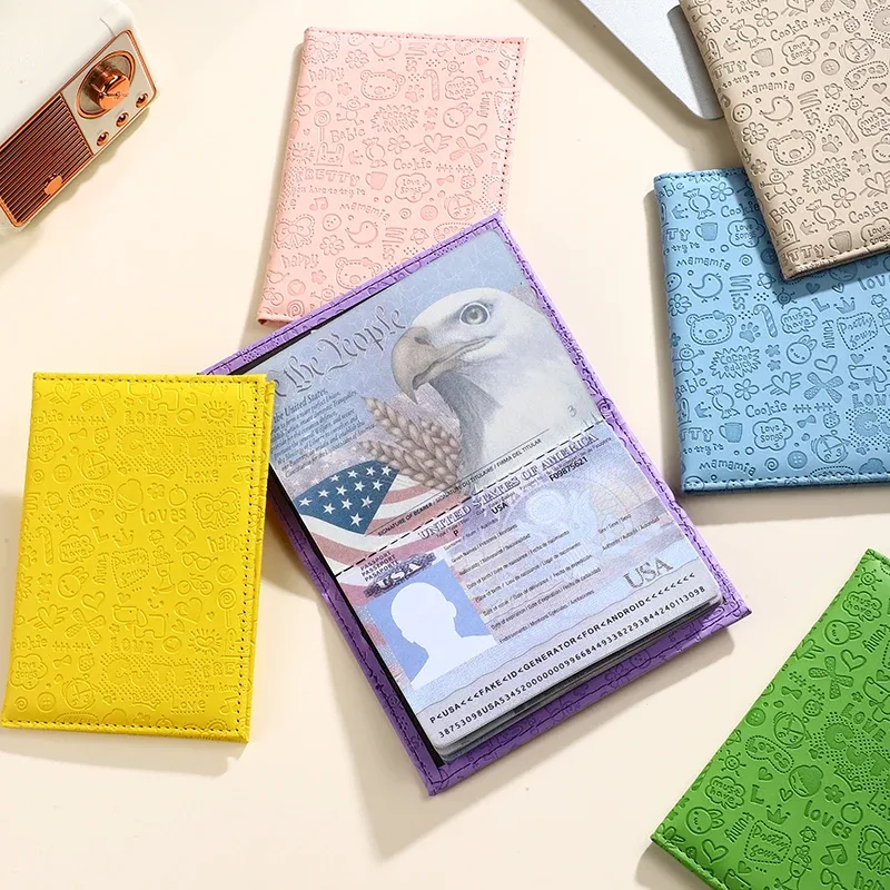 3 housses de protection pour passeport en relief à motif de dessin animé, ensemble de porte-cartes de voyage multicolores en pu