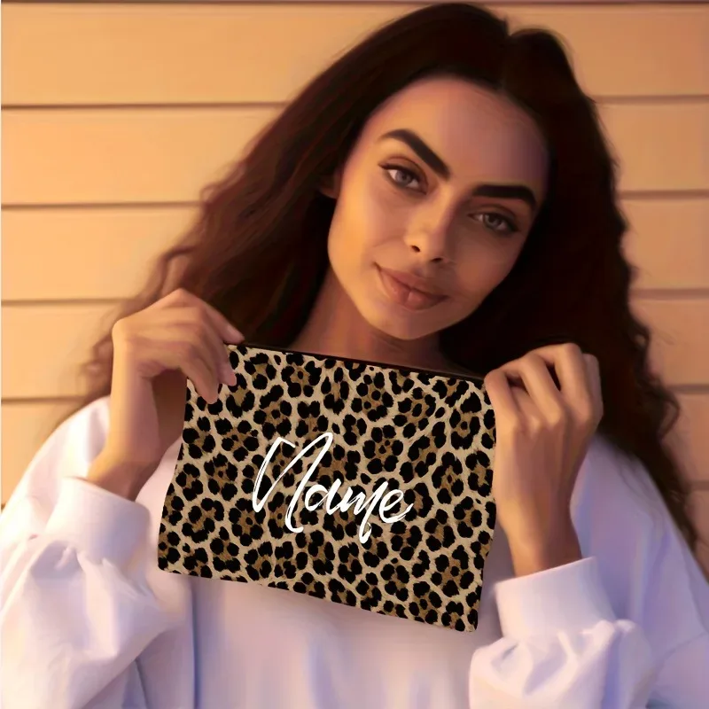 Pochette de maquillage élégante à imprimé léopard avec fermeture éclair, sac personnalisé avec nom, cadeau pour l'amour et les fêtes, trousse de toilette de voyage