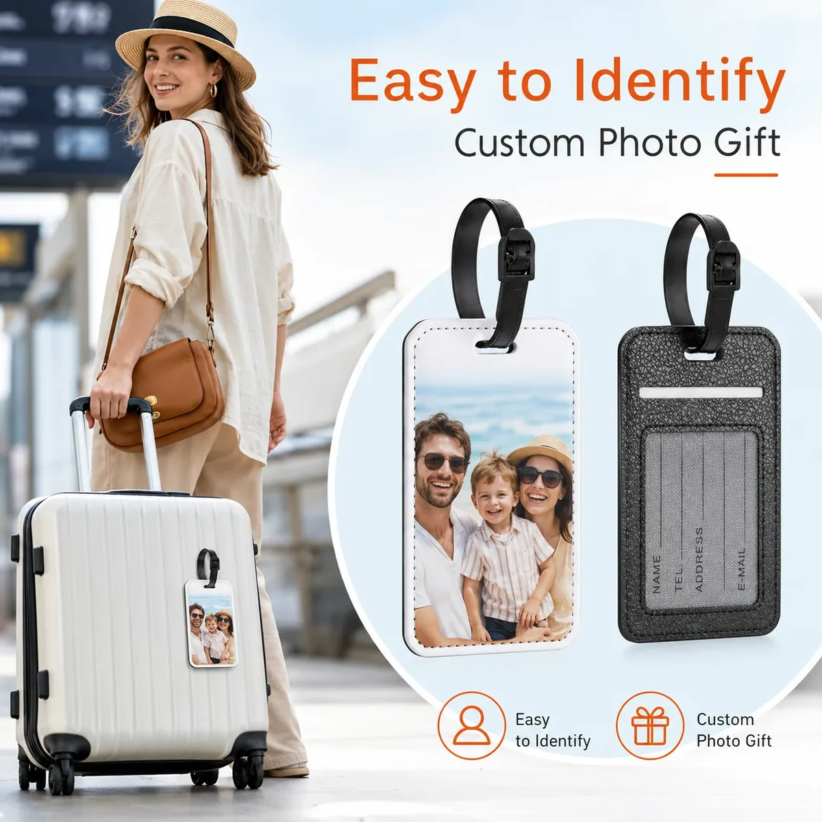 Étiquettes de bagage personnalisées en cuir PU avec photo, étiquettes d'identification étanches avec image, pour voyage d'affaires, en cuir haut de gamme, pour carte d'embarquement