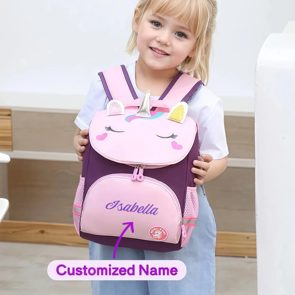 Sac à dos de maternelle, adorable licorne, sac d'école personnalisé avec nom, sac d'école léger pour filles, cadeaux de voyage quotidiens pour la maternelle