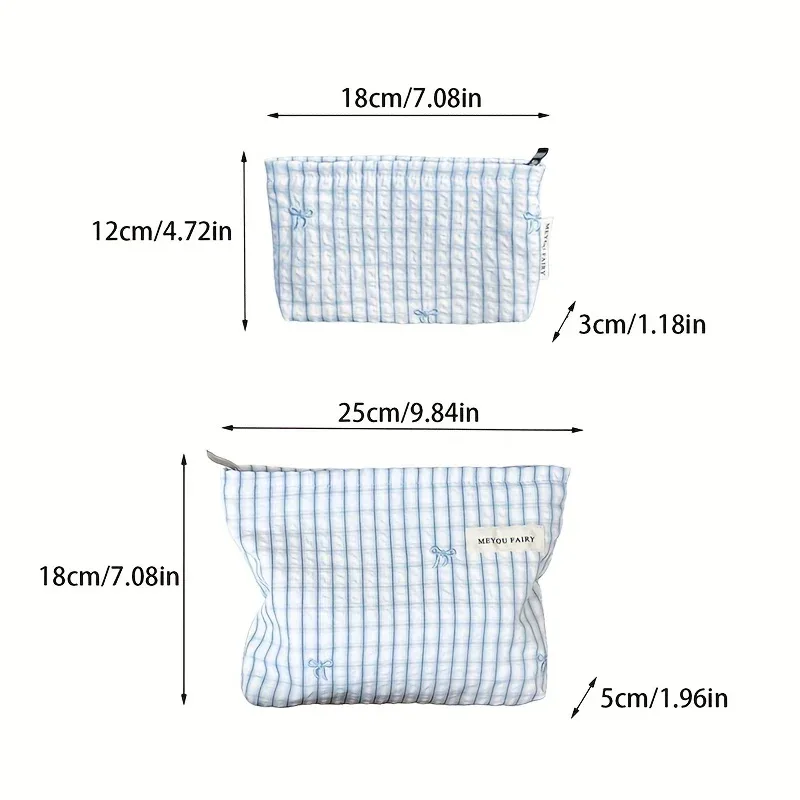trousse à cosmétiques à nœud rayé bleu clair, organisateur de maquillage de voyage pour femmes avec fermeture éclair, pochette de toilette multi-usage